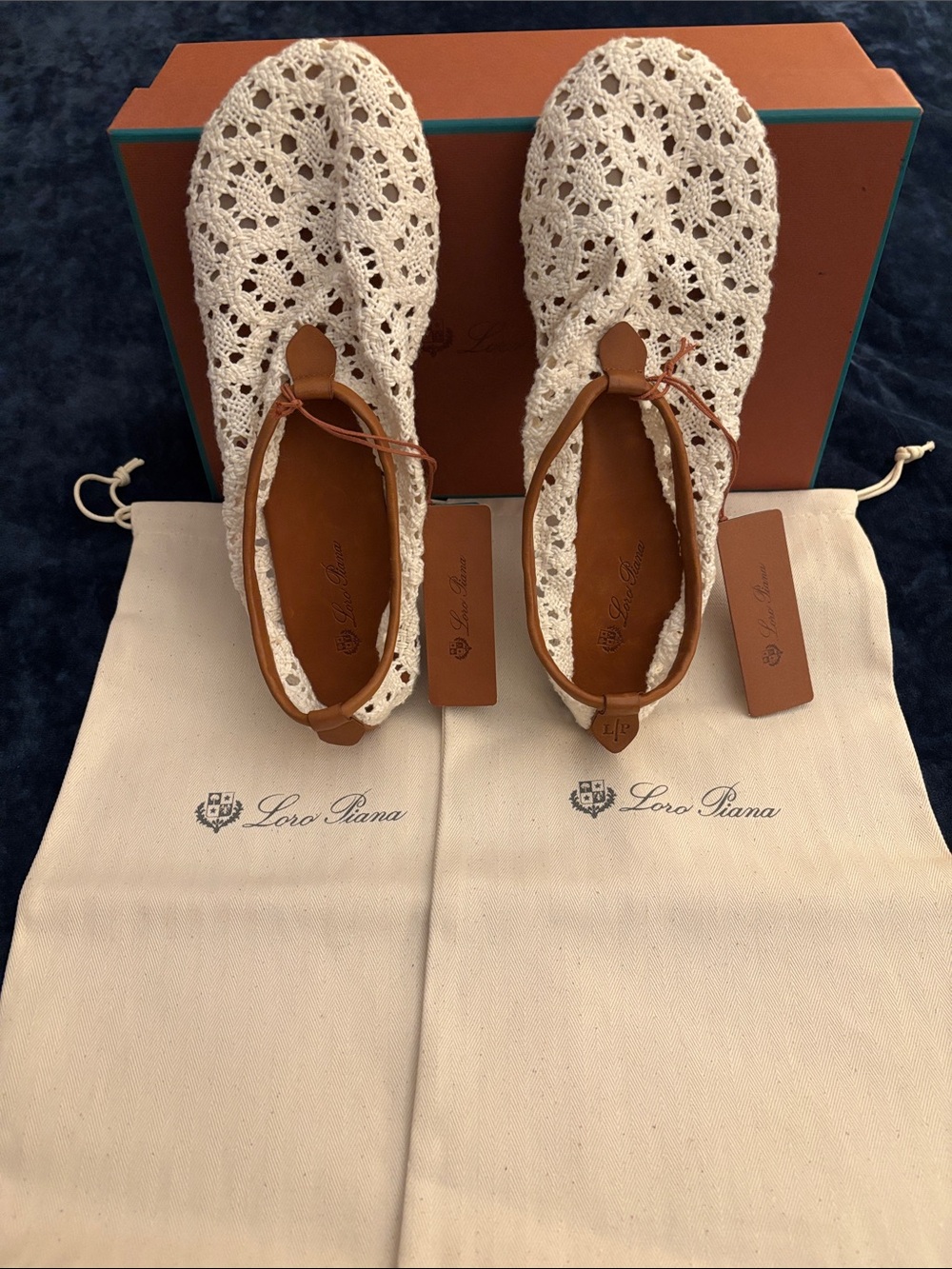 Loro Piana Cream Crochet Ballet Flats with Brown Leather Trim
